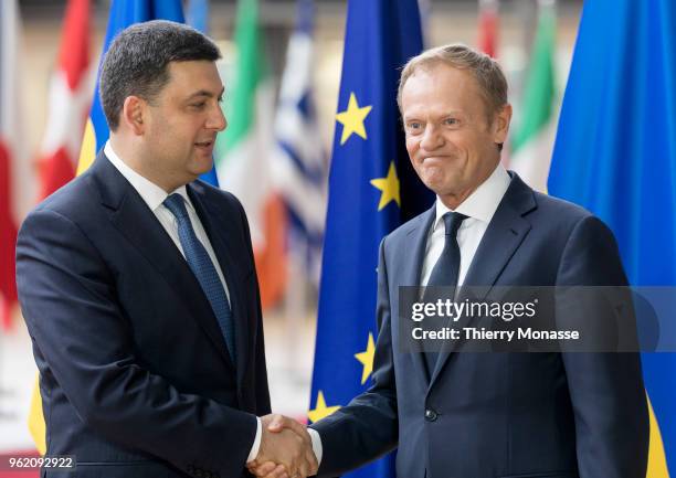 Ukrainian Prime Minister Volodymyr Borysovych Groysman is welcomed by the European Council President, Donald Tusk prior to a bilateral meeting in the...