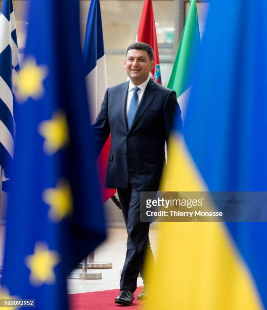 Ukrainian Prime Minister Volodymyr Borysovych Groysman is welcomed by the European Council President prior to a bilateral meeting in the Europa, the...