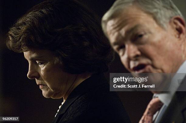 Senate Select Intelligence Chairwoman Dianne Feinstein, D-Calif., and Vice Chairman Kit Bond, R-Mo., during a news conference following the...