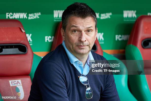 Sporting director Christian Heidel of Schalke looks on prior to the Bundesliga match between FC Augsburg and FC Schalke 04 at WWK-Arena on May 5,...