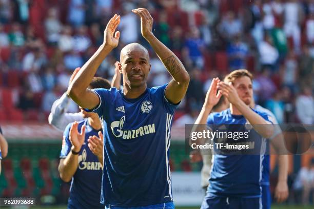 Naldo of Schalke celebrates after winning the Bundesliga match between FC Augsburg and FC Schalke 04 at WWK-Arena on May 5, 2018 in Augsburg, Germany.