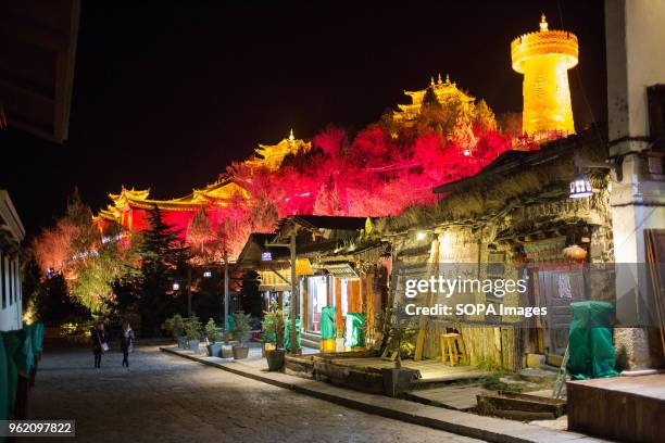 View at night of the Tibetan Temple 'Guishan' on the Turtle Mountain Park in Shangri-La.