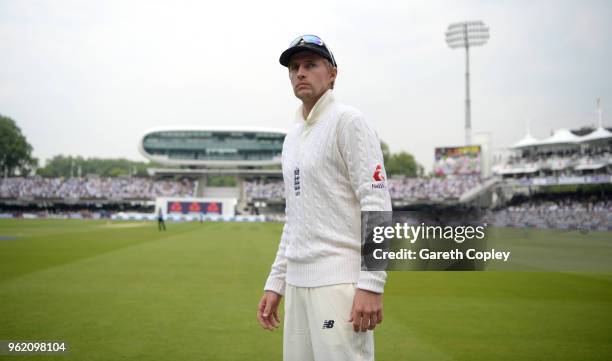England captain Joe Root waits to take the field during the NatWest 1st Test match between England and Pakistan at Lord's Cricket Ground on May 24,...