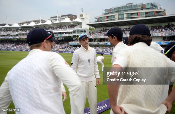 England captain Joe Root waits to take the field during the NatWest 1st Test match between England and Pakistan at Lord's Cricket Ground on May 24,...