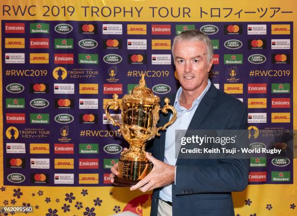 Terry Wright, a former New Zealand rugby union player holds the Webb Ellis Cup at Hong Kong Football Club during the Rugby World Cup 2019 Trophy Tour...