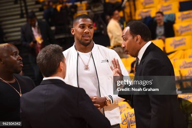 Anthony Joshua looks on in Game Four of the Western Conference Finals of the 2018 NBA Playoffs between the Houston Rockets and Golden State Warriors...