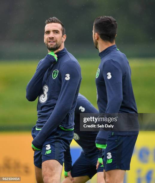 Dublin , Ireland - 24 May 2018; Shane Duffy, left, and Shane Long during a Republic of Ireland squad training session at the FAI National Training...