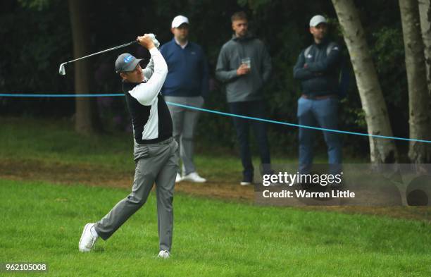 Mikko Ilonen of Finland plays his second shot on the 4th hole during day one of the BMW PGA Championship at Wentworth on May 24, 2018 in Virginia...