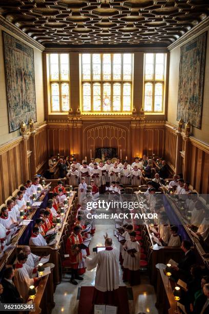 The Sistine Chapel choir performs with the Choir of Her Majesty's Chapel Royal during an Evensong service at the Chapel Royal, St James' Palace in...