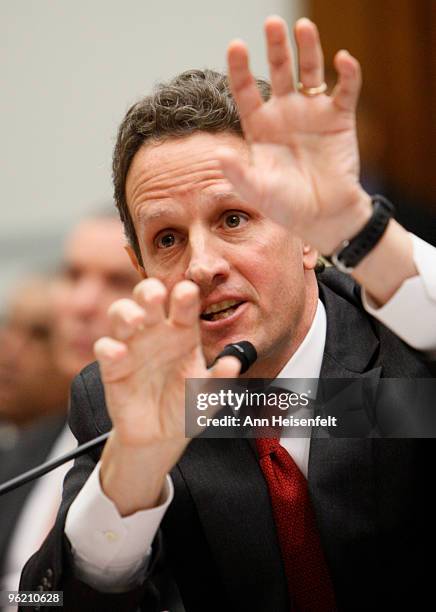 Treasury Secretary Timothy Geithner testifies before a House Oversight and Government Reform Committee Hearing focusing on factors affecting efforts...