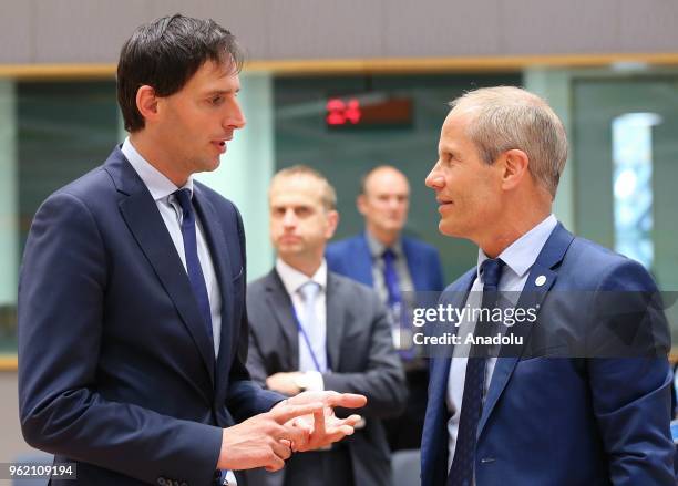 Dutch Finance Minister Wopke Hoekstra and Estonian Minister of Finance Toomas Toniste attend the Eurogroup ministers' meeting in Brussels, Belgium on...