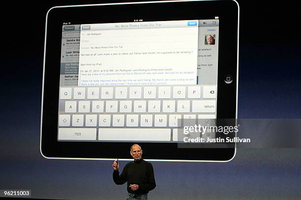 Apple Inc. CEO Steve Jobs demonstrates the new iPad as he speaks during an Apple Special Event at Yerba Buena Center for the Arts January 27, 2010 in...