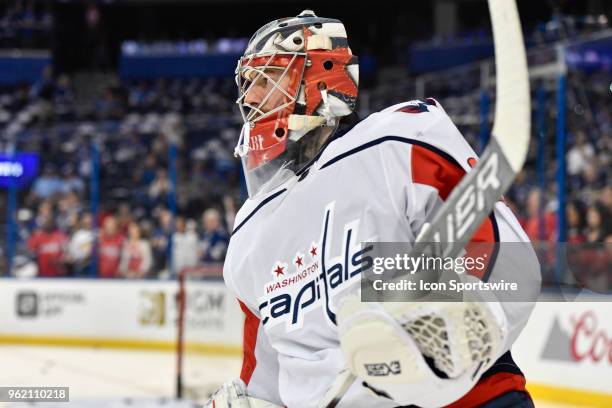 Washington Capitals goalie Philipp Grubauer warms up prior to the first period of the seventh game of the NHL Stanley Cup Eastern Conference Final...