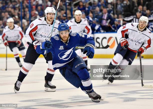 Tampa Bay Lightning center Brayden Point goes in on the forecheck during the third period of the seventh game of the NHL Stanley Cup Eastern...