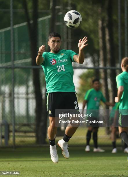 Dimitri Petratos of Australia heads the ball during the Australian Socceroos Training Session at the Gloria Football Club on May 24, 2018 in Antalya,...