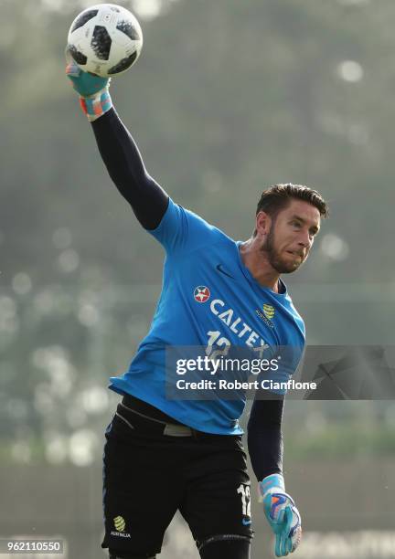 Australian goalkeeper Brad Jones throws the ball during the Australian Socceroos Training Session at the Gloria Football Club on May 24, 2018 in...
