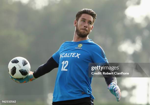 Australian goalkeeper Brad Jones throws the ball during the Australian Socceroos Training Session at the Gloria Football Club on May 24, 2018 in...