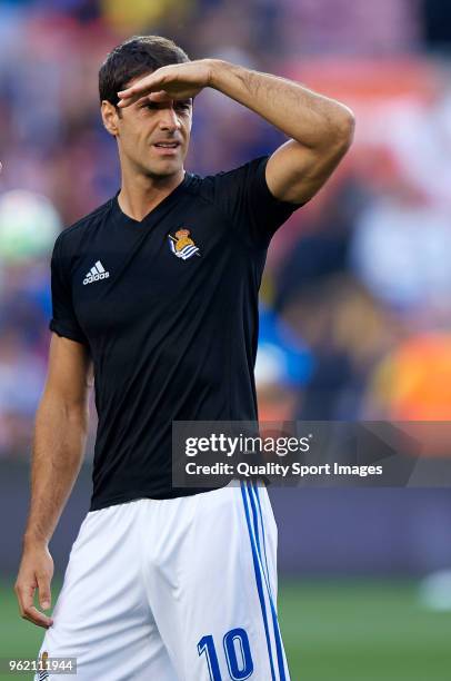 Xabi Prieto of Real Sociedad looks on prior the La Liga match between Barcelona and Real Sociedad at Camp Nou on May 20, 2018 in Barcelona, Spain.