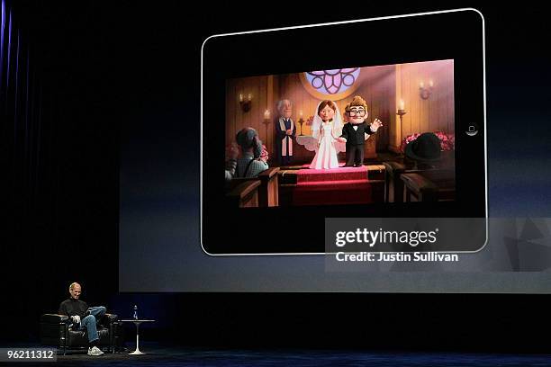 Apple Inc. CEO Steve Jobs demonstrates the movie function of the new iPad as he speaks during an Apple Special Event at Yerba Buena Center for the...