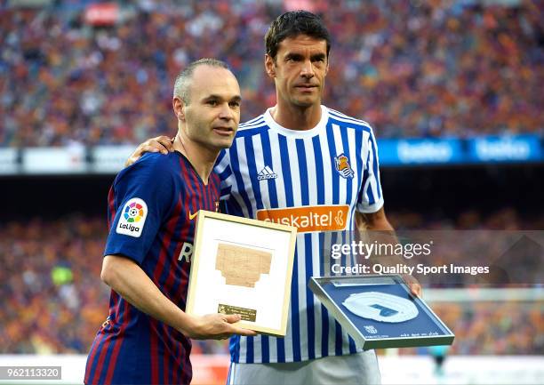 Andres Iniesta of Barcelona and Xabi Prieto of Real Sociedad pose prior the La Liga match between Barcelona and Real Sociedad at Camp Nou on May 20,...