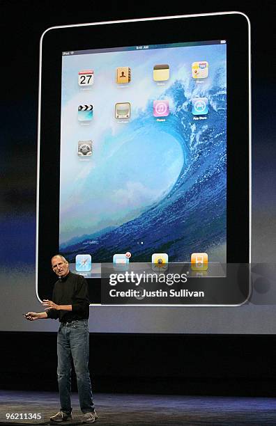 Apple Inc. CEO Steve Jobs announces the new iPad as he speaks during an Apple Special Event at Yerba Buena Center for the Arts January 27, 2010 in...