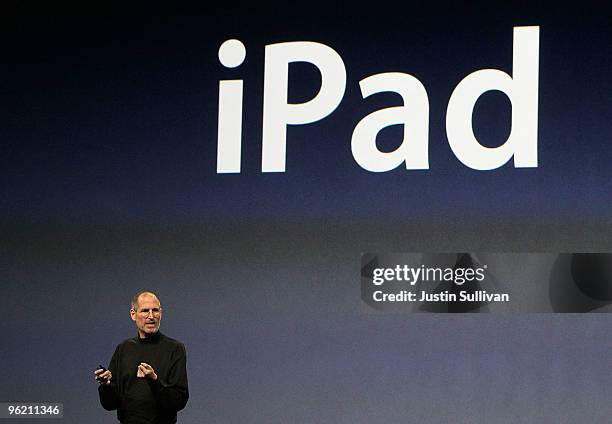 Apple Inc. CEO Steve Jobs announces the new iPad as he speaks during an Apple Special Event at Yerba Buena Center for the Arts January 27, 2010 in...