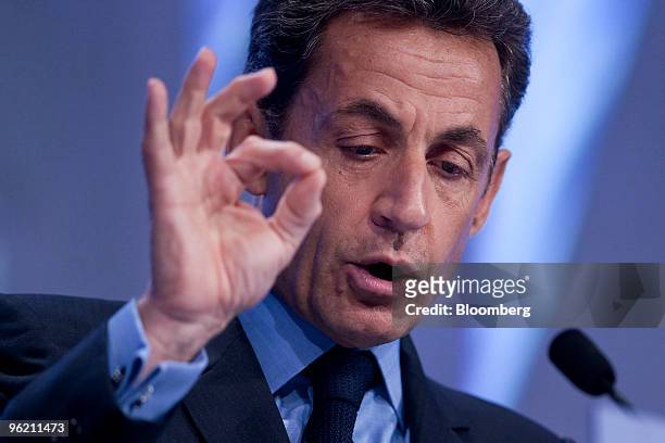 Nicolas Sarkozy, president of France, speaks during the opening plenary session on day one of the 2010 World Economic Forum annual meeting in Davos,...