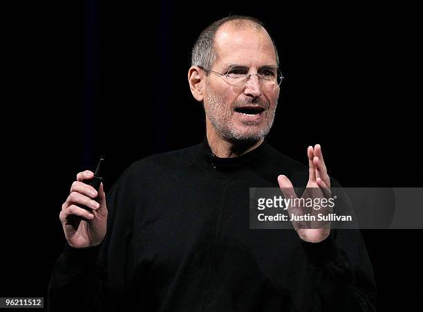 Apple Inc. CEO Steve Jobs announces the new iPad as he speaks during an Apple Special Event at Yerba Buena Center for the Arts January 27, 2010 in...