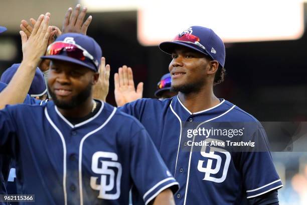 Franchy Cordero San Diego Padres celebrates with teammates after defeating the Washington Nationals 3-1 in a game at Nationals Park on Wednesday, May...