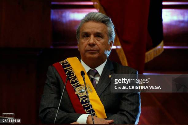Ecuadoran President Lenin Moreno delivers his presidency's first year report before the National Assembly in Quito on May 24, 2018.