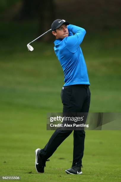 Rory McIlroy of Northern Ireland plays an aproach shot during day one of the 2018 BMW PGA Championship at Wentworth on May 24, 2018 in Virginia...