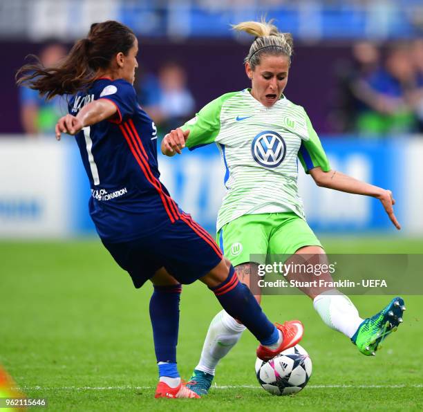 Anna Blässe of Vfl Wolfsburg and Amel Majri of Lyon compete for the ball during the UEFA Womens Champions League Final between VfL Wolfsburg and...