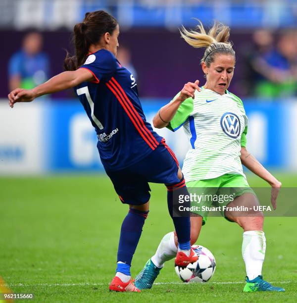 Anna Blässe of Vfl Wolfsburg and Amel Majri of Lyon compete for the ball during the UEFA Womens Champions League Final between VfL Wolfsburg and...