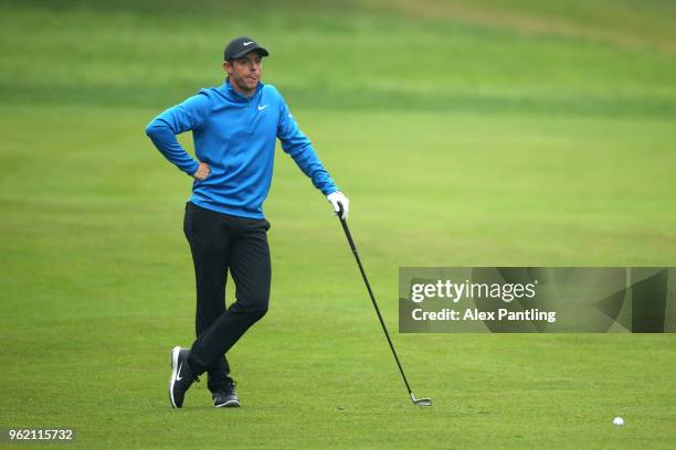 Rory McIlroy of Northern Ireland awaits to play his shot on the 12th during day one of the 2018 BMW PGA Championship at Wentworth on May 24, 2018 in...