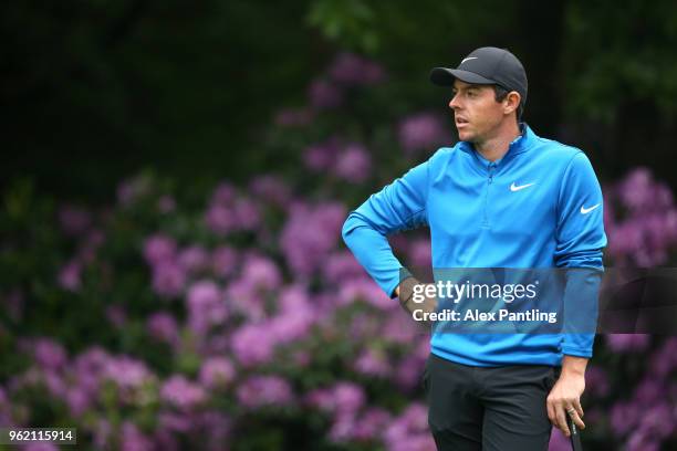 Rory McIlroy of Northern Ireland reacts on the green during day one of the 2018 BMW PGA Championship at Wentworth on May 24, 2018 in Virginia Water,...