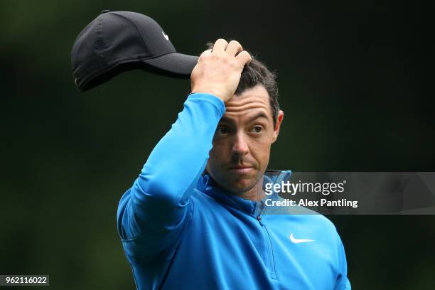 Rory McIlroy of Northern Ireland looks dejected during day one of the 2018 BMW PGA Championship at Wentworth on May 24, 2018 in Virginia Water,...