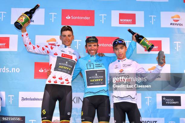 Podium / Carlos Verona of Spain and Team Mitchelton-Scott Polka Dot Mountain Jersey / Michael Albasini of Switzerland and Team Mitchelton-Scott Blue...