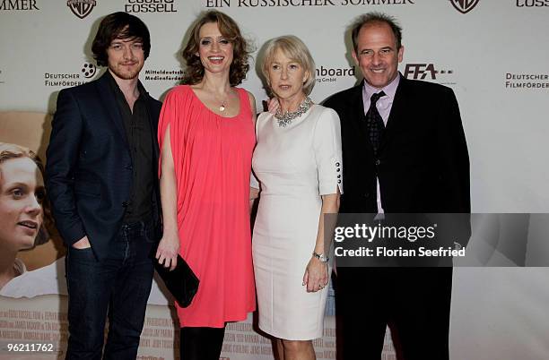 Actors James McAvoy, Anne-Marie Duff, Helen Mirren and director Michael Hoffman attend the Ein Russischer Sommer Germany Premiere on January 27, 2010...