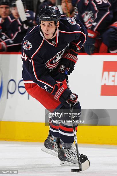 Forward Jared Boll of the Columbus Blue Jackets skates with the puck against the Nashville Predators on January 26, 2010 at Nationwide Arena in...