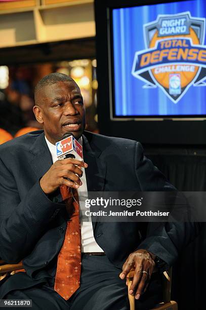 Dikembe Mutombo, NBA Legend speaks to the media as iHoops annouces Right Guard as Founding Partner at the NBA Store on January 27, 2010 in New York,...