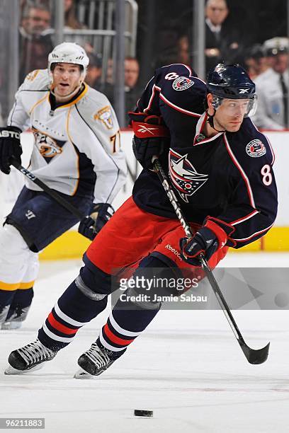 Defenseman Jan Hejda of the Columbus Blue Jackets skates with the puck against the Nashville Predators on January 26, 2010 at Nationwide Arena in...