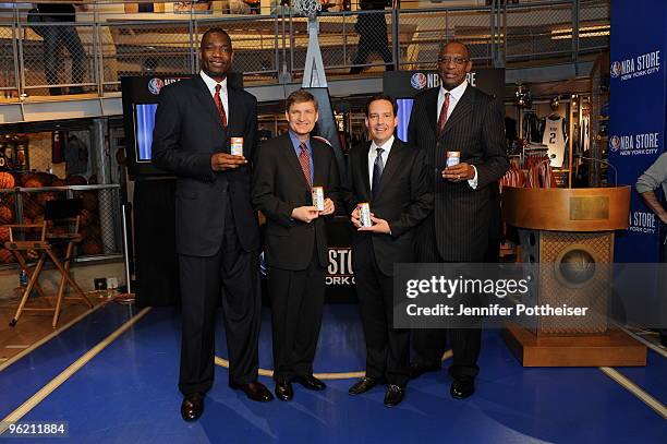 Dikembe Mutombo, Kevin Weiberg, CEO of iHoops. Bob Lanier and Doug Weekes, GM of Right Guard poses for a photo during the press conference as iHoops...
