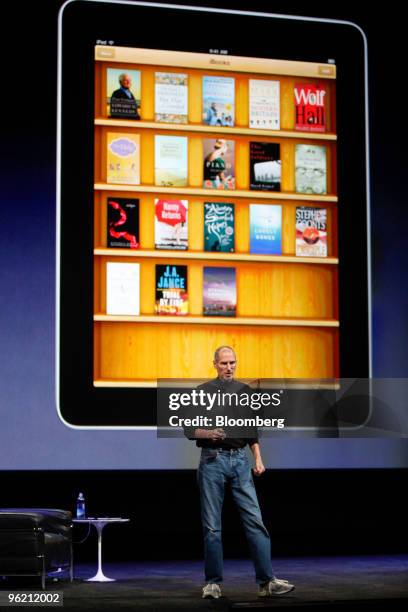 Steve Jobs, chief executive officer of Apple Inc., speaks about the iBooks application during the debut of the Apple iPad tablet at the Yerba Buena...