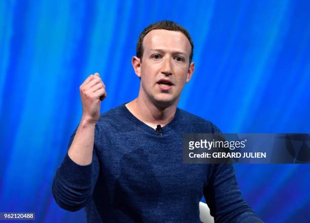 Facebook's CEO Mark Zuckerberg delivers his speech during the VivaTech trade fair in Paris, on May 24, 2018.
