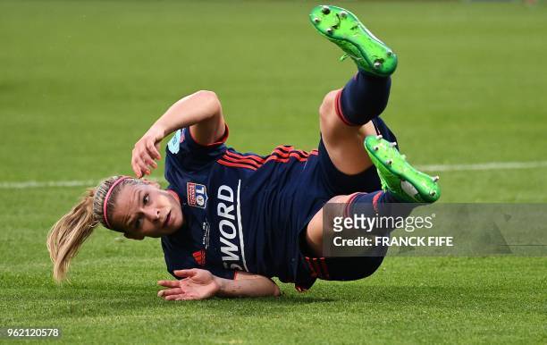 Olympique Lyonnais' French midfielder Eugenie Le Sommer falls during the UEFA Women's Champions League final football match Vfl Wolfsburg vs...