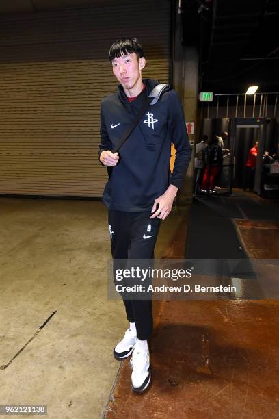 Zhou Qi of the Houston Rockets arrives at the stadium before the game against the Golden State Warriors in Game Four of the Western Conference Finals...