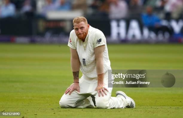 Ben Stokes of England reacts after a dropped catch off Mark Wood's bowling during day one of the 1st Test between England and Pakistan at Lord's...