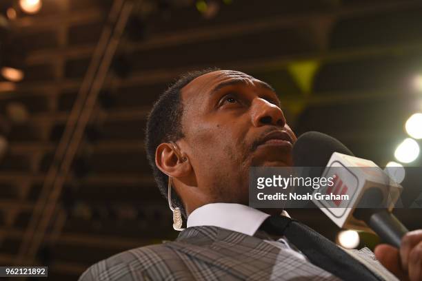 Stephen A. Smith looks on during Game Three of the Western Conference Finals of the 2018 NBA Playoffs between the Houston Rockets and Golden State...