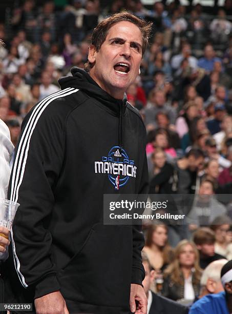 Dallas Mavericks owner Mark Cuban shouts during the game against the Detroit Pistons at the American Airlines Center on January 5, 2010 in Dallas,...