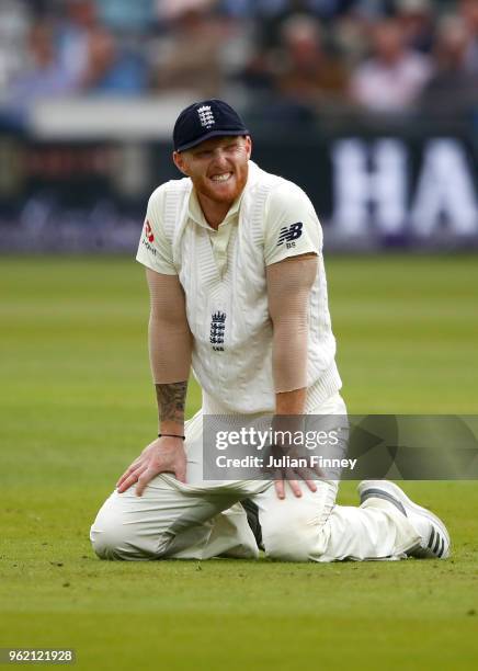 Ben Stokes of England reacts after a dropped catch off Mark Wood's bowling during day one of the 1st Test between England and Pakistan at Lord's...